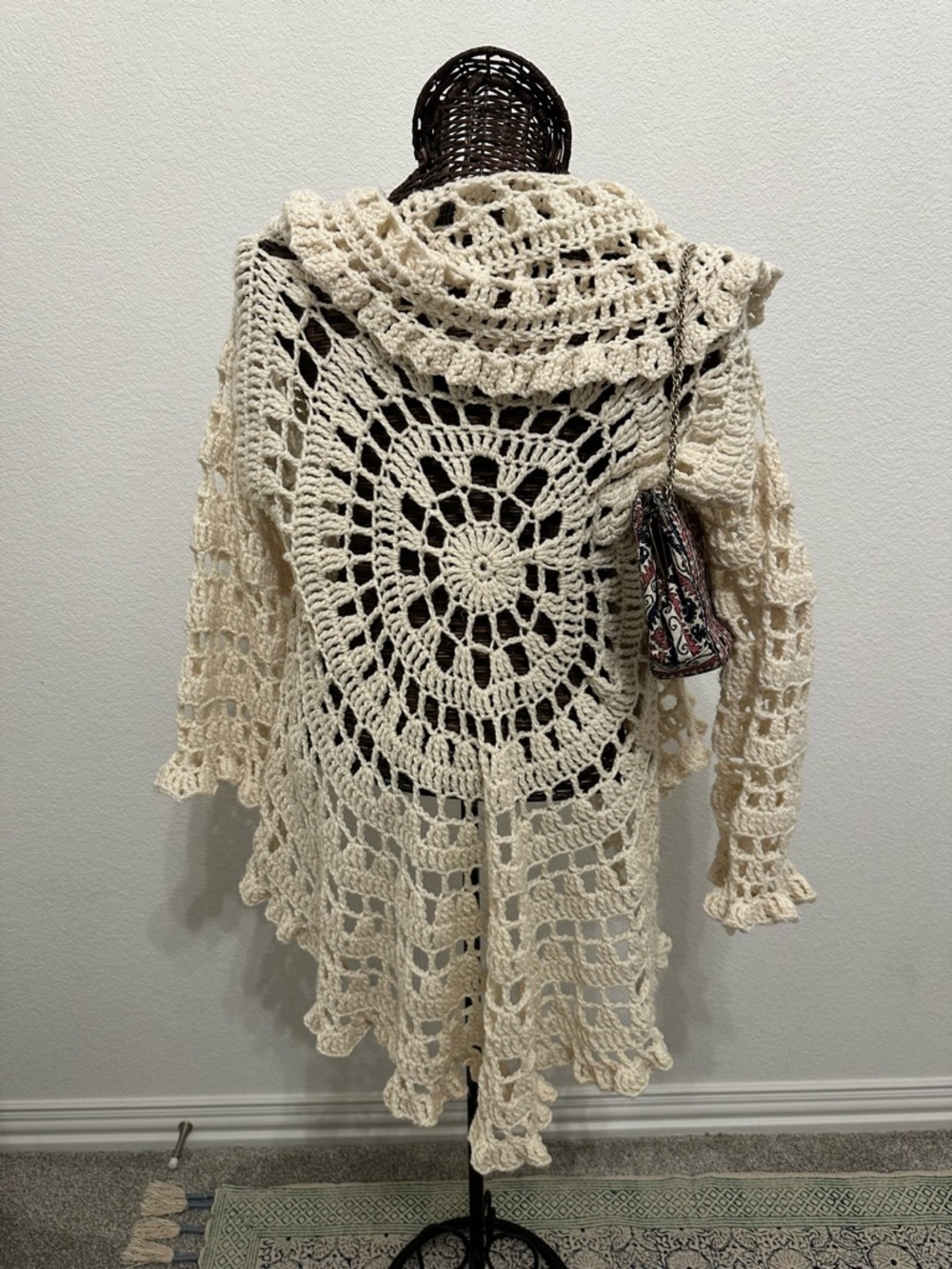 Hand-Crocheted Openwork Cream Women's Sweater Cardigan